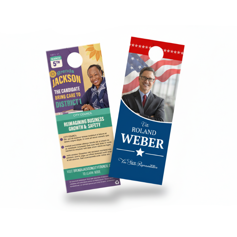 Two political door hangers featuring candidates Brenda Jackson and Roland Weber on a white background.