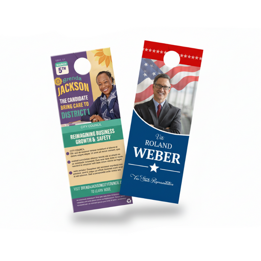 Two political door hangers featuring candidates Brenda Jackson and Roland Weber on a white background.