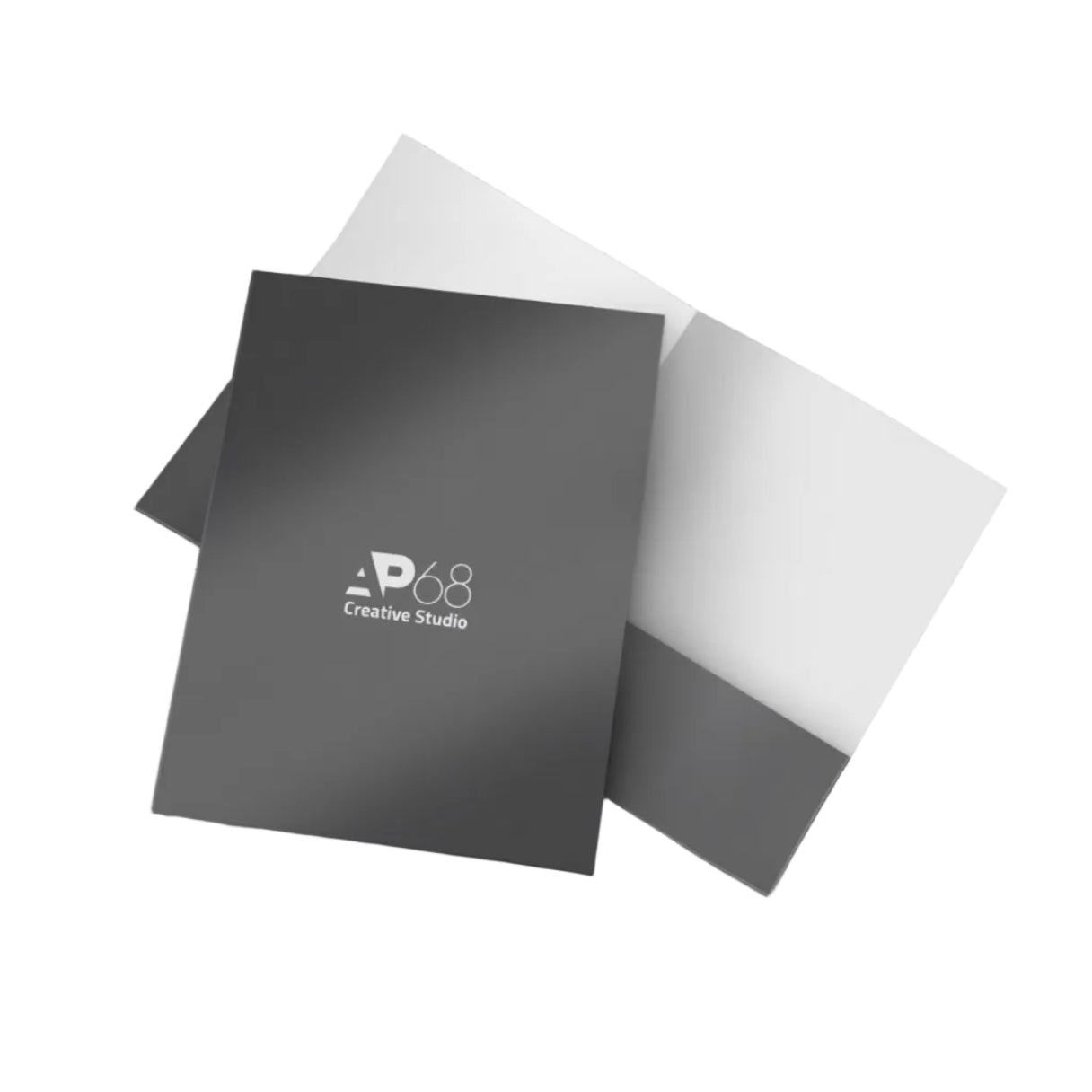Dark gray folder with 'P68 Creative Studio' logo on a wooden surface