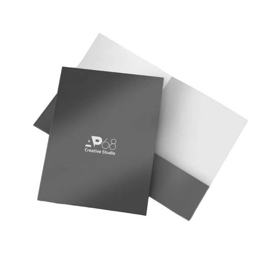 Dark gray folder with 'P68 Creative Studio' logo on a wooden surface