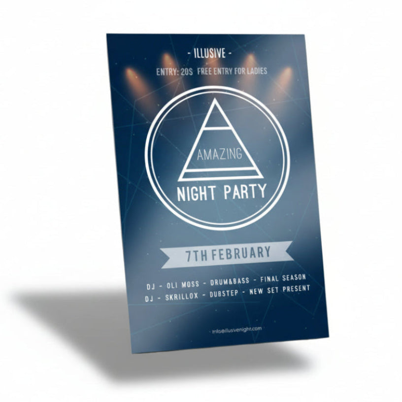 Promotional poster for an 'Amazing Night Party' event on a wall.